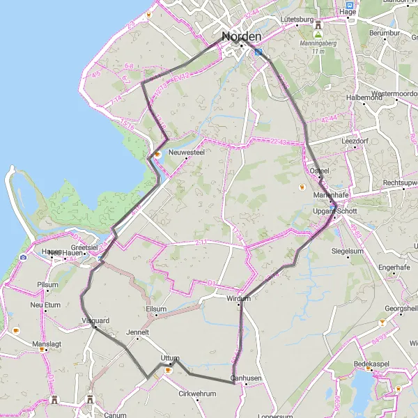 Map miniature of "Norden - Osteel - Uttum - Westermarsch I - Martensdorf" cycling inspiration in Weser-Ems, Germany. Generated by Tarmacs.app cycling route planner