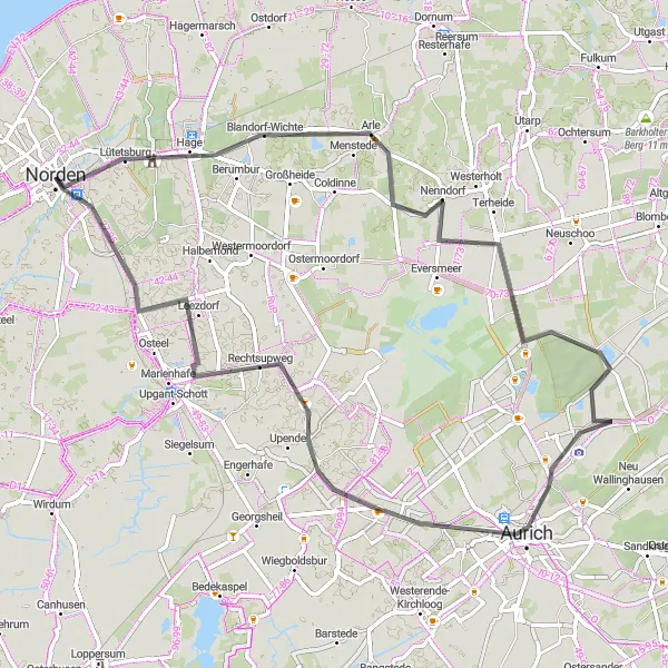 Map miniature of "Norden - Lütetsburg - Manningaberg - Arle - Sandhorst - Hochmoor-Aussicht - Rechtsupweg - Leezdorf - Süderneuland I" cycling inspiration in Weser-Ems, Germany. Generated by Tarmacs.app cycling route planner