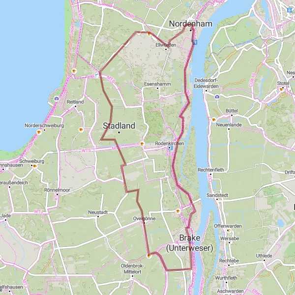 Map miniature of "Unterweser Gravel Adventure" cycling inspiration in Weser-Ems, Germany. Generated by Tarmacs.app cycling route planner