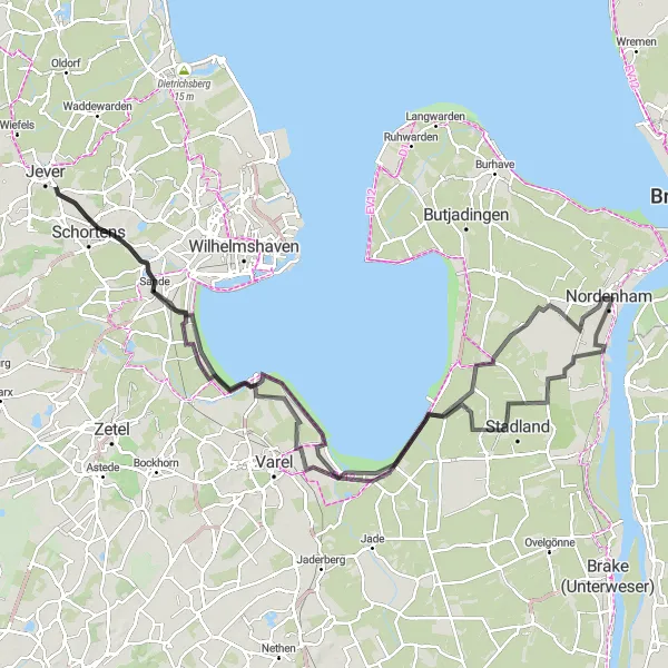 Karten-Miniaturansicht der Radinspiration "Entdeckerfahrt nach Dangast und Sande" in Weser-Ems, Germany. Erstellt vom Tarmacs.app-Routenplaner für Radtouren
