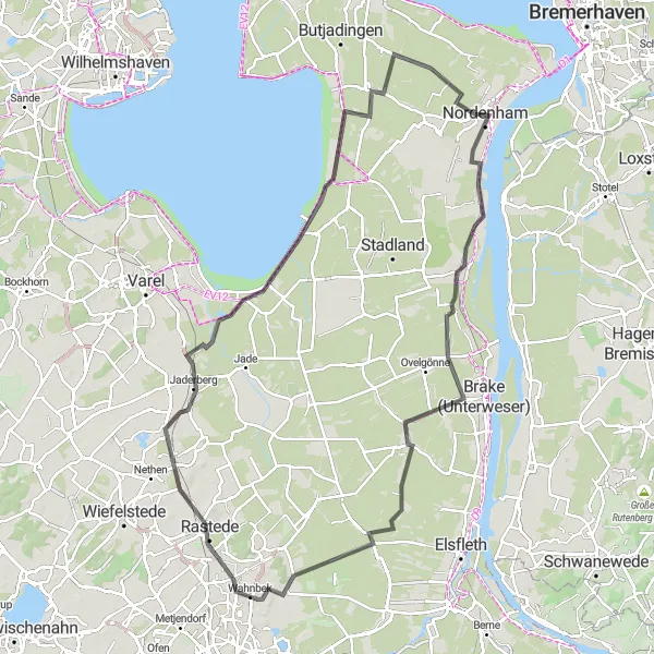 Karten-Miniaturansicht der Radinspiration "Tour um Nordenham und Rodenkirchen" in Weser-Ems, Germany. Erstellt vom Tarmacs.app-Routenplaner für Radtouren