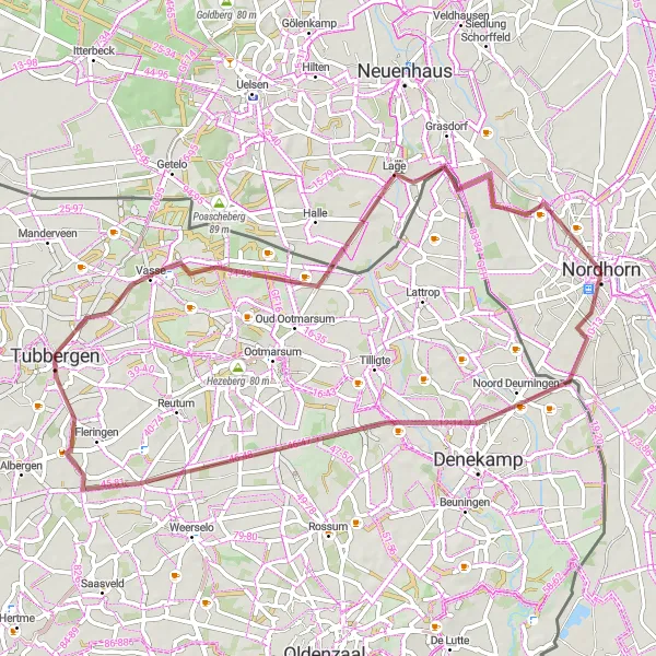 Map miniature of "Gravel Tour: Nordhorn - Noord Deurningen - Tubbergen - Hezingen - Braamberg - Lage - Frenswegen" cycling inspiration in Weser-Ems, Germany. Generated by Tarmacs.app cycling route planner