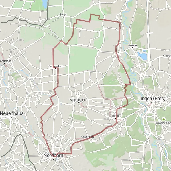 Map miniature of "Gravel Tour: Nordhorn - Bookholt - Georgsdorf - Groß Hesepe - Poskenberg - Lohne - Nordhorn" cycling inspiration in Weser-Ems, Germany. Generated by Tarmacs.app cycling route planner