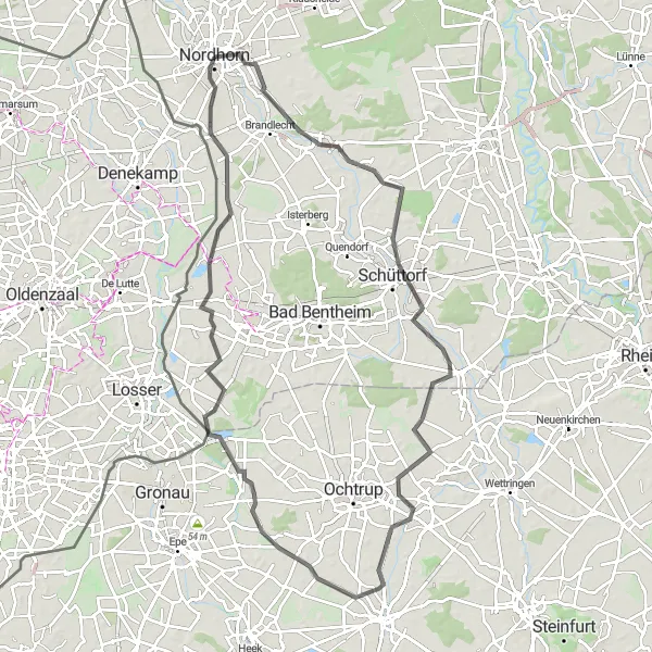 Map miniature of "The Challenging Route" cycling inspiration in Weser-Ems, Germany. Generated by Tarmacs.app cycling route planner