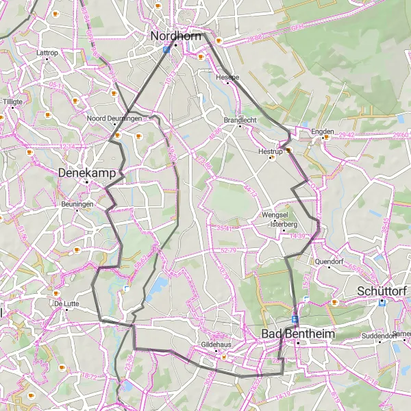 Map miniature of "Road Tour: Nordhorn - Hesepe - Bad Bentheim - Schlossberg - Gildehaus - Nordhorn" cycling inspiration in Weser-Ems, Germany. Generated by Tarmacs.app cycling route planner