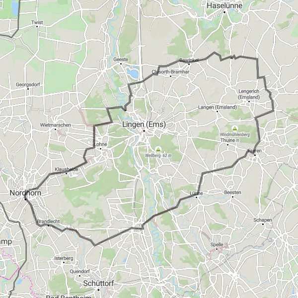Map miniature of "Road Tour: Nordhorn - Klausheide - Poskenberg - Bawinkel - Freren - Lünne - Emsbüren - Nordhorn" cycling inspiration in Weser-Ems, Germany. Generated by Tarmacs.app cycling route planner