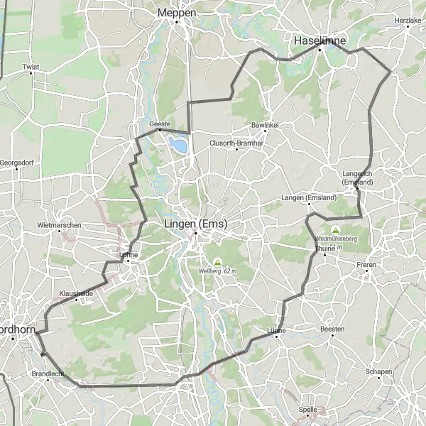 Map miniature of "Road Tour: Nordhorn - Klausheide - Poskenberg - Geeste - Haselünne - Lünne - Emsbüren - Engden - Nordhorn" cycling inspiration in Weser-Ems, Germany. Generated by Tarmacs.app cycling route planner