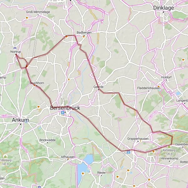 Karten-Miniaturansicht der Radinspiration "Gravel-Runde durch Neuenkirchen und Bersenbrück" in Weser-Ems, Germany. Erstellt vom Tarmacs.app-Routenplaner für Radtouren