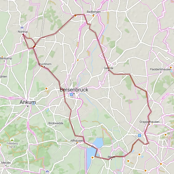 Karten-Miniaturansicht der Radinspiration "Gravel-Tour durch Gehrde und Alfhausen" in Weser-Ems, Germany. Erstellt vom Tarmacs.app-Routenplaner für Radtouren