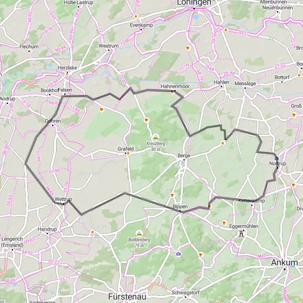 Map miniature of "Challenging Road Route across Wettrup" cycling inspiration in Weser-Ems, Germany. Generated by Tarmacs.app cycling route planner