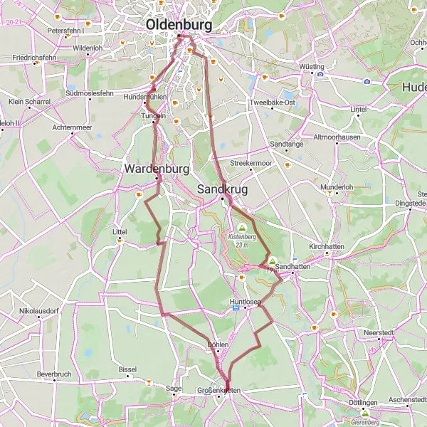 Map miniature of "Glimpses of Oldenburg" cycling inspiration in Weser-Ems, Germany. Generated by Tarmacs.app cycling route planner