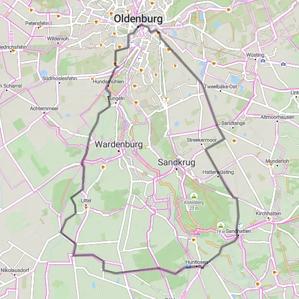 Map miniature of "Oldenburg Lappan Loop" cycling inspiration in Weser-Ems, Germany. Generated by Tarmacs.app cycling route planner