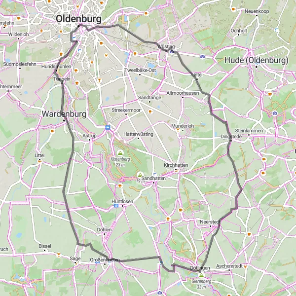 Map miniature of "Wüsting Loop" cycling inspiration in Weser-Ems, Germany. Generated by Tarmacs.app cycling route planner