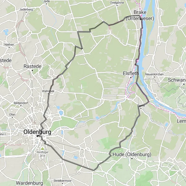 Map miniature of "Oldenburg Road Adventure" cycling inspiration in Weser-Ems, Germany. Generated by Tarmacs.app cycling route planner