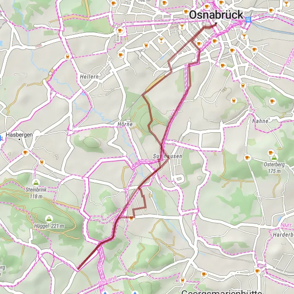 Karten-Miniaturansicht der Radinspiration "Kurze Graveltour rund um Osnabrück" in Weser-Ems, Germany. Erstellt vom Tarmacs.app-Routenplaner für Radtouren
