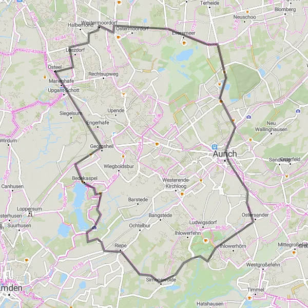 Map miniature of "Eversmeer Road Circuit" cycling inspiration in Weser-Ems, Germany. Generated by Tarmacs.app cycling route planner