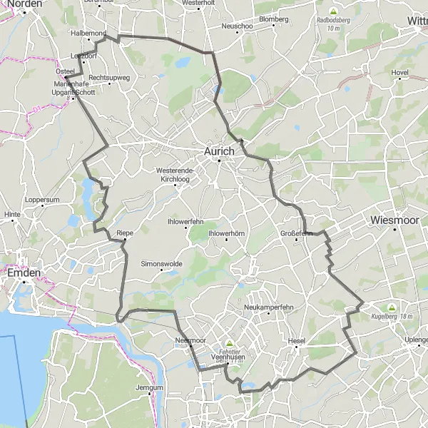 Map miniature of "Osteel Road Odyssey" cycling inspiration in Weser-Ems, Germany. Generated by Tarmacs.app cycling route planner