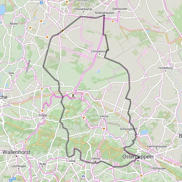 Map miniature of "Ancient History and Rural Landscapes" cycling inspiration in Weser-Ems, Germany. Generated by Tarmacs.app cycling route planner