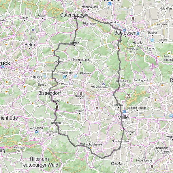 Map miniature of "Vibrant Villages and Rolling Hills" cycling inspiration in Weser-Ems, Germany. Generated by Tarmacs.app cycling route planner
