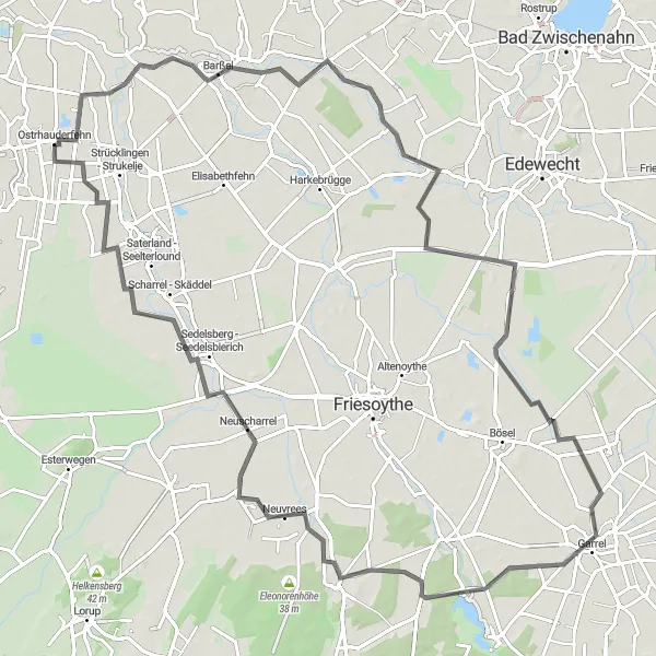 Map miniature of "The Ostrhauderfehn Adventure" cycling inspiration in Weser-Ems, Germany. Generated by Tarmacs.app cycling route planner