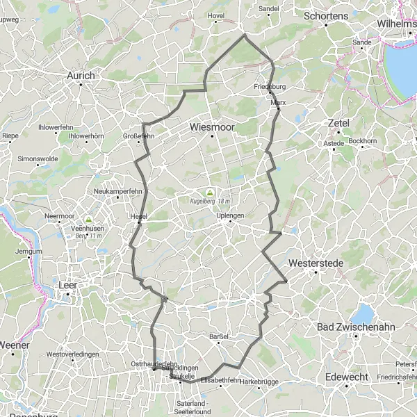 Map miniature of "The Fehnland Challenge" cycling inspiration in Weser-Ems, Germany. Generated by Tarmacs.app cycling route planner