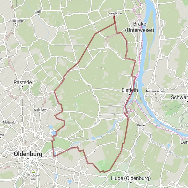 Map miniature of "Scenic Gravel Route to Süderfeld, Elsfleth, Huntebrück, Aussichtsturm Wittemoor, Iprump, and Großenmeer" cycling inspiration in Weser-Ems, Germany. Generated by Tarmacs.app cycling route planner