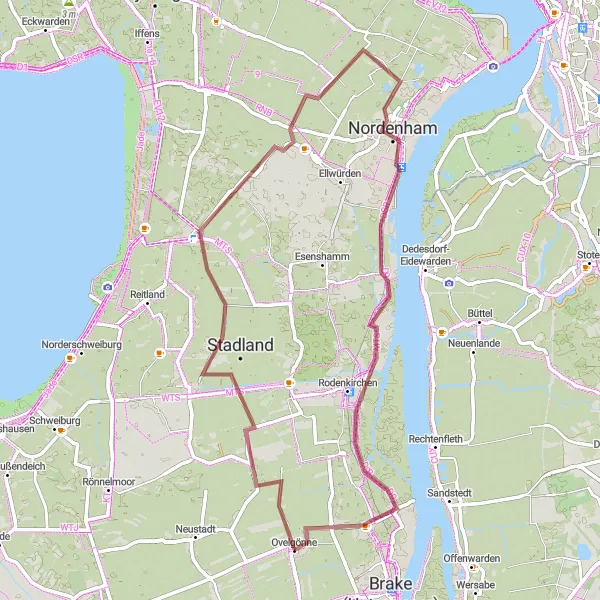 Karten-Miniaturansicht der Radinspiration "Gravel-Tour durch die Natur um Ovelgönne" in Weser-Ems, Germany. Erstellt vom Tarmacs.app-Routenplaner für Radtouren
