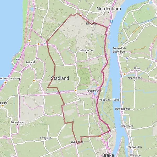 Karten-Miniaturansicht der Radinspiration "Entdeckungstour auf dem Gravelbike ab Ovelgönne" in Weser-Ems, Germany. Erstellt vom Tarmacs.app-Routenplaner für Radtouren