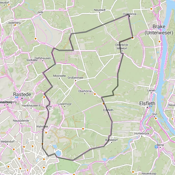 Map miniature of "Road Route to Butteldorf, Aussichtsturm Bollenhagener Moorwald, and Seehütte" cycling inspiration in Weser-Ems, Germany. Generated by Tarmacs.app cycling route planner