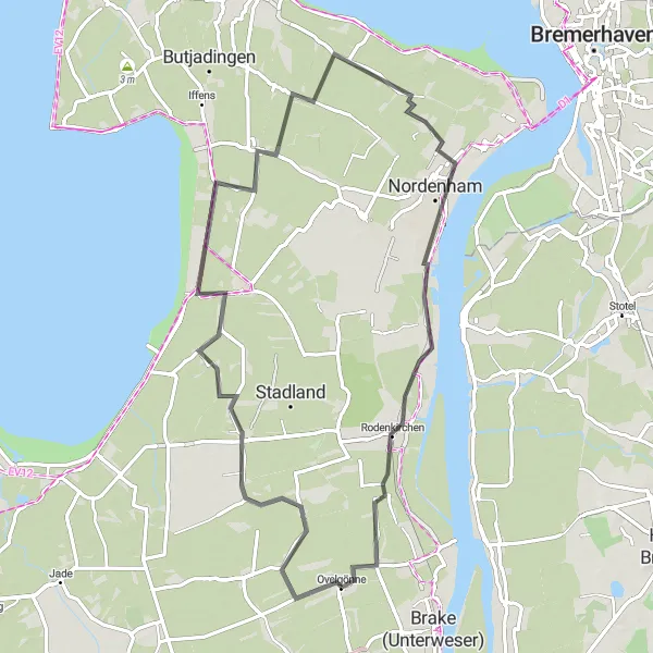 Karten-Miniaturansicht der Radinspiration "Erlebnisvolle Fahrradtour ab Ovelgönne" in Weser-Ems, Germany. Erstellt vom Tarmacs.app-Routenplaner für Radtouren