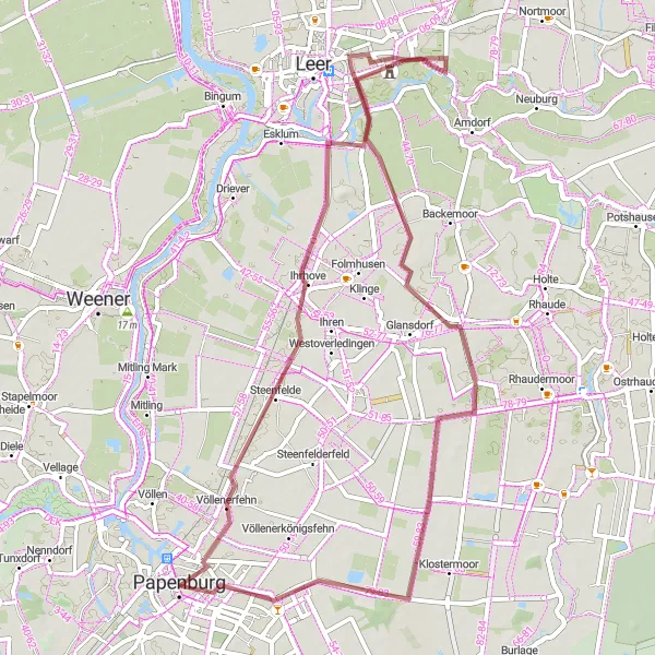 Map miniature of "Hidden Gems and Papenburg Gravel Loop" cycling inspiration in Weser-Ems, Germany. Generated by Tarmacs.app cycling route planner