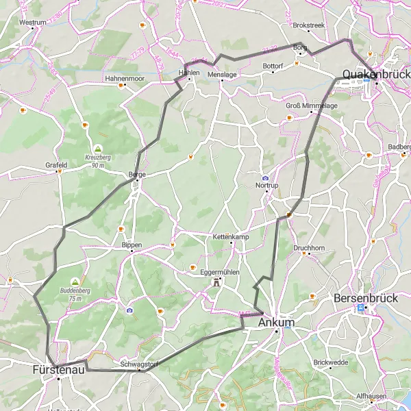 Map miniature of "Quakenbrück Round-Trip" cycling inspiration in Weser-Ems, Germany. Generated by Tarmacs.app cycling route planner