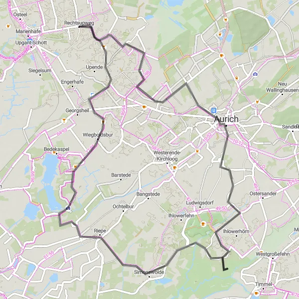 Map miniature of "Aurich and Wiegboldsbur Road Route" cycling inspiration in Weser-Ems, Germany. Generated by Tarmacs.app cycling route planner