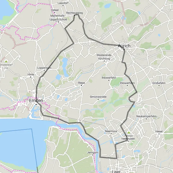 Map miniature of "Westgroßefehn and Emden Road Route" cycling inspiration in Weser-Ems, Germany. Generated by Tarmacs.app cycling route planner