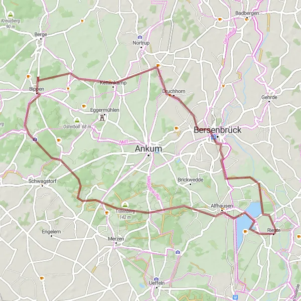 Karten-Miniaturansicht der Radinspiration "Fahrt zum Heiligenberg und Bersenbrück" in Weser-Ems, Germany. Erstellt vom Tarmacs.app-Routenplaner für Radtouren