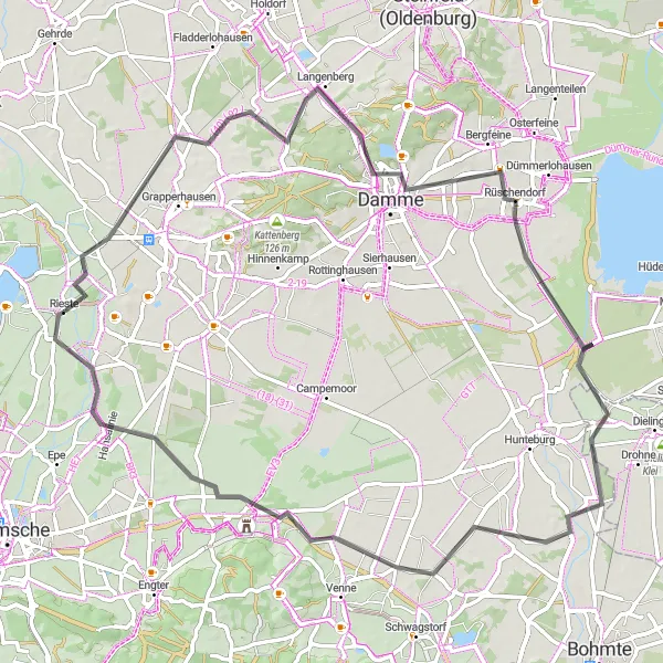 Map miniature of "Rolling Hills and Beautiful Waterways" cycling inspiration in Weser-Ems, Germany. Generated by Tarmacs.app cycling route planner