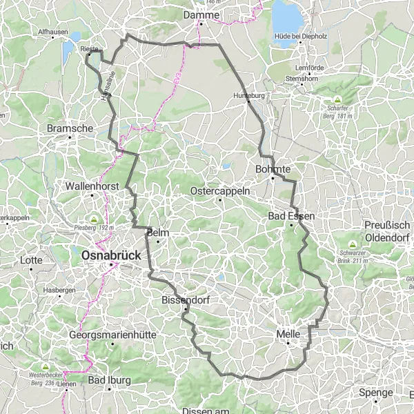 Karten-Miniaturansicht der Radinspiration "Panorama-Rundfahrt durch Bad Essen und Bissendorf" in Weser-Ems, Germany. Erstellt vom Tarmacs.app-Routenplaner für Radtouren