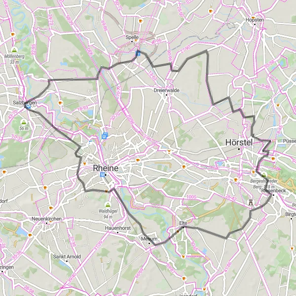 Map miniature of "Venhaus and Bergeshöveder Berg Scenic Road Loop" cycling inspiration in Weser-Ems, Germany. Generated by Tarmacs.app cycling route planner