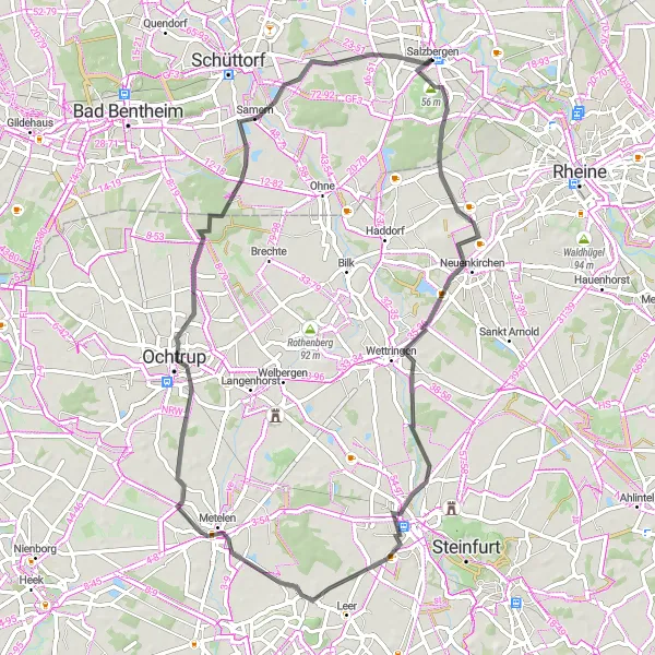 Map miniature of "Salzbergen and Ochtrup Road Cycling Route" cycling inspiration in Weser-Ems, Germany. Generated by Tarmacs.app cycling route planner