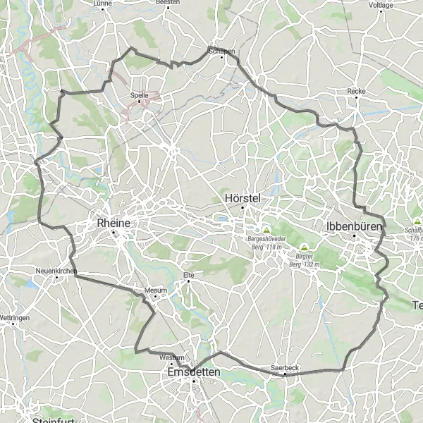 Map miniature of "Steinbeck to Salzbergen Road Cycling Route" cycling inspiration in Weser-Ems, Germany. Generated by Tarmacs.app cycling route planner