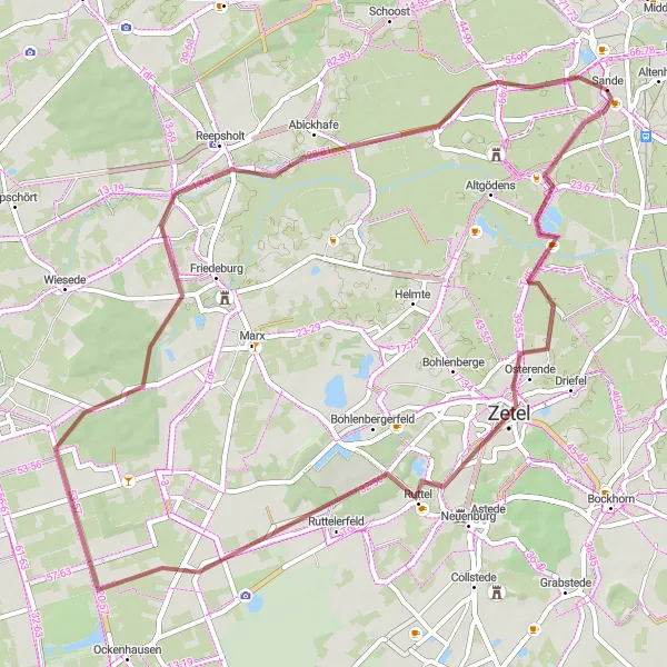 Map miniature of "Zetel Adventure and Rural Landscapes" cycling inspiration in Weser-Ems, Germany. Generated by Tarmacs.app cycling route planner