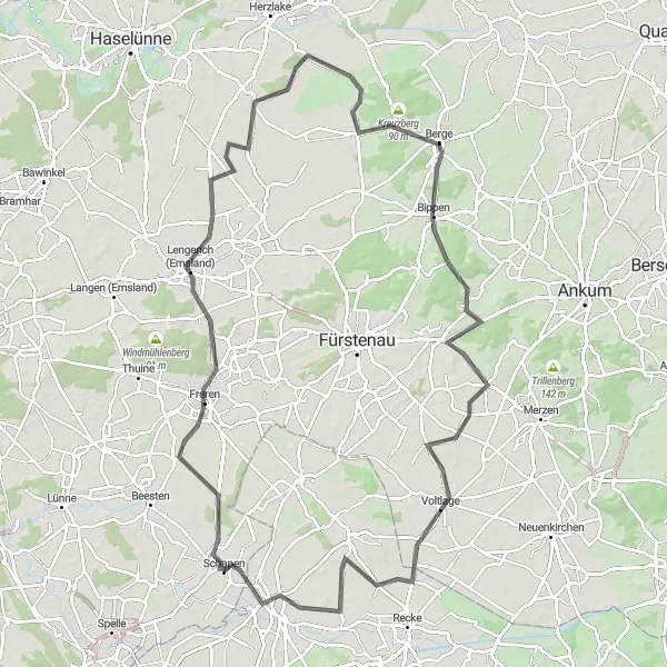 Karten-Miniaturansicht der Radinspiration "Abwechslungsreiche Route um Schapen" in Weser-Ems, Germany. Erstellt vom Tarmacs.app-Routenplaner für Radtouren