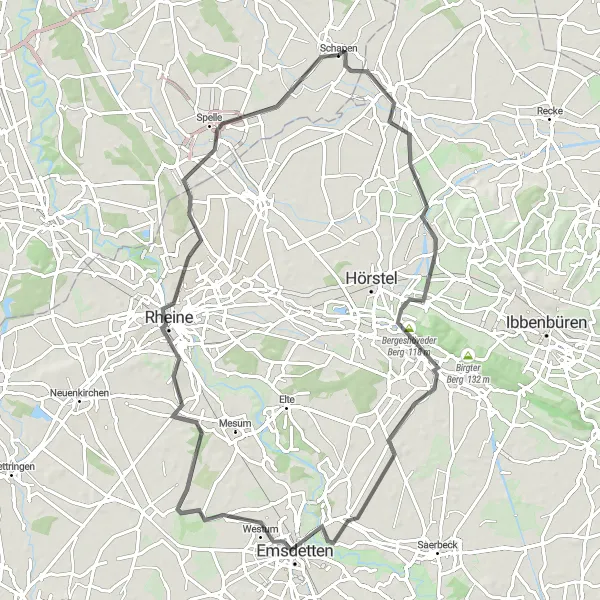 Karten-Miniaturansicht der Radinspiration "Weser-Ems Hopsten Spelle Rundtour" in Weser-Ems, Germany. Erstellt vom Tarmacs.app-Routenplaner für Radtouren