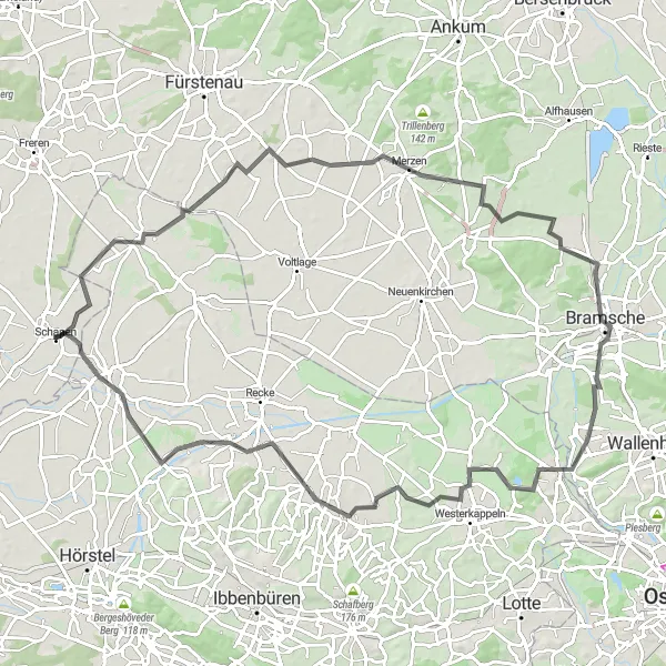 Karten-Miniaturansicht der Radinspiration "Erlebnisreiche Route um Schapen" in Weser-Ems, Germany. Erstellt vom Tarmacs.app-Routenplaner für Radtouren