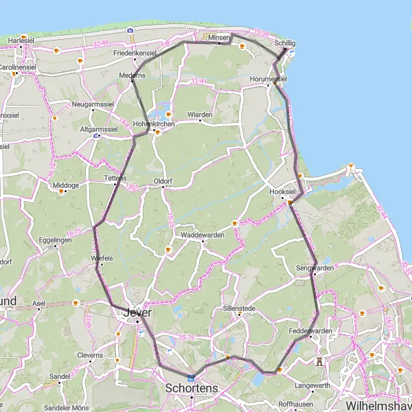 Map miniature of "Schillig Horumersiel Loop" cycling inspiration in Weser-Ems, Germany. Generated by Tarmacs.app cycling route planner