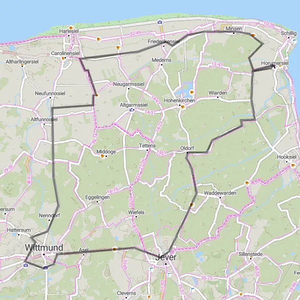 Map miniature of "Journey through Weser-Ems" cycling inspiration in Weser-Ems, Germany. Generated by Tarmacs.app cycling route planner