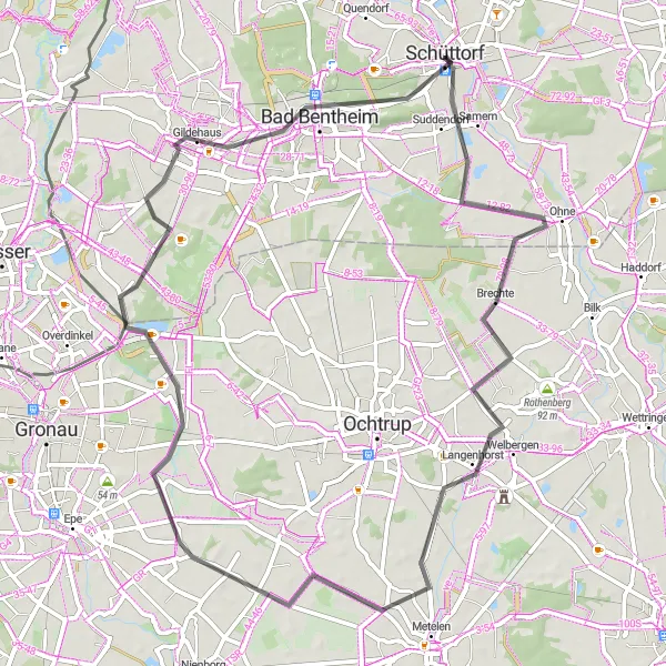 Map miniature of "Picturesque Landscapes: Scenic Road Cycling near Schüttorf" cycling inspiration in Weser-Ems, Germany. Generated by Tarmacs.app cycling route planner