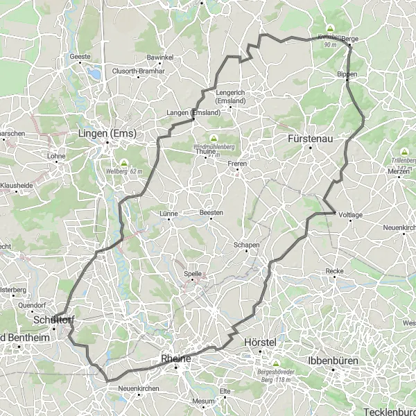 Map miniature of "Schüttorf to Emsbüren and back" cycling inspiration in Weser-Ems, Germany. Generated by Tarmacs.app cycling route planner