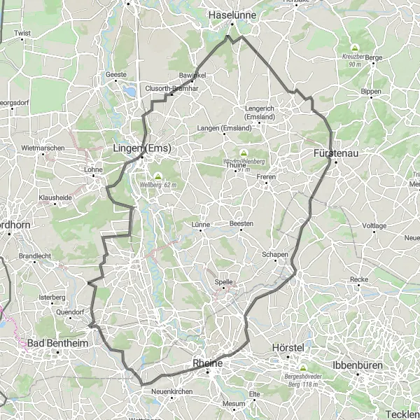 Map miniature of "Cultural Gems and Challenging Terrain" cycling inspiration in Weser-Ems, Germany. Generated by Tarmacs.app cycling route planner