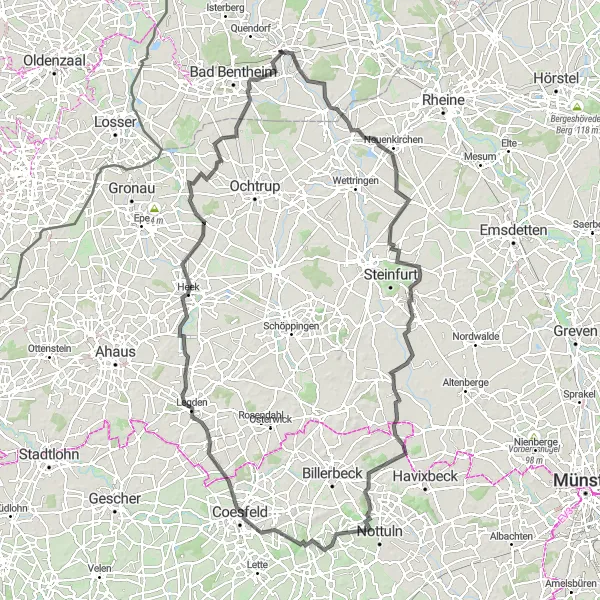 Map miniature of "Around Schüttorf: Explore the Münsterland Region" cycling inspiration in Weser-Ems, Germany. Generated by Tarmacs.app cycling route planner